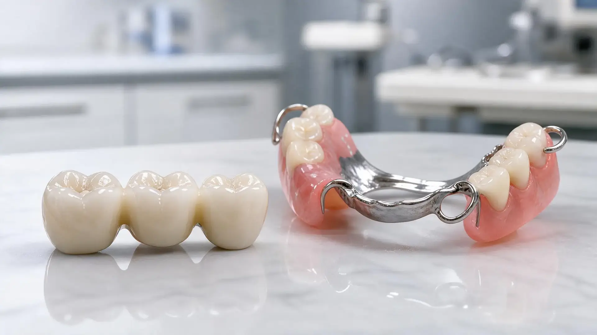 A fixed dental bridge beside a removable partial denture on a dental lab table