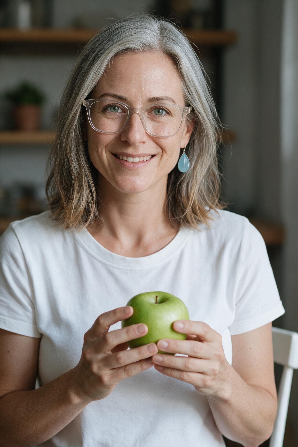 Smiling patient holding a green apple, eating with confidence after dental bridge treatment in Grande Prairie