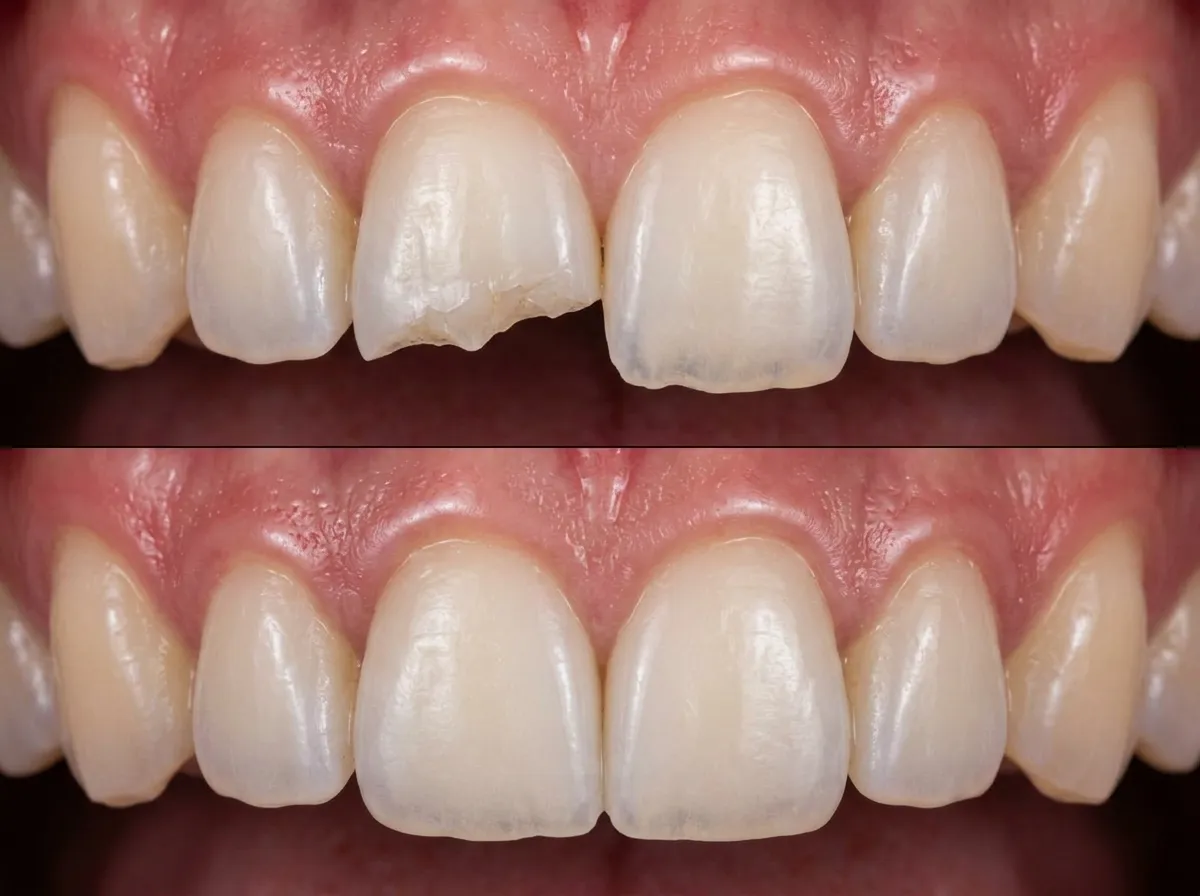Before and after of a chipped front tooth repaired with tooth-coloured composite dental bonding in Grande Prairie