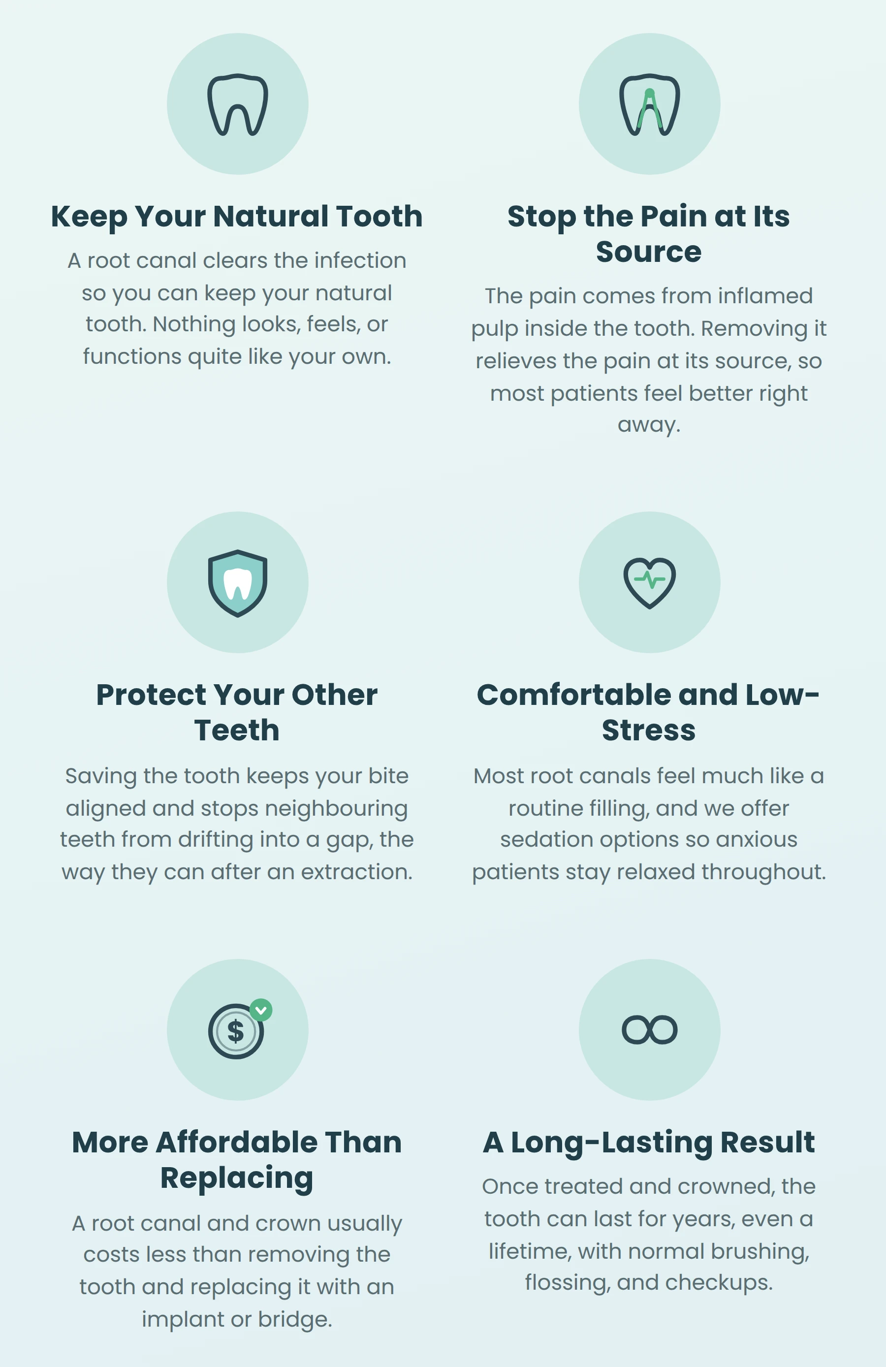 Why choose a root canal over an extraction: keep your natural tooth, stop the pain at its source, protect your other teeth, comfortable and low-stress, more affordable than replacing, and a long-lasting result.