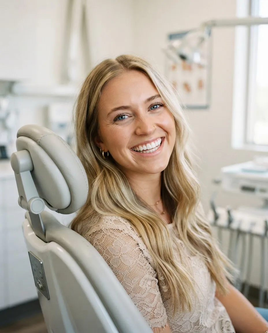 Patient smiling in the dental chair after dental bonding treatment at Today’s Dental Grande Prairie