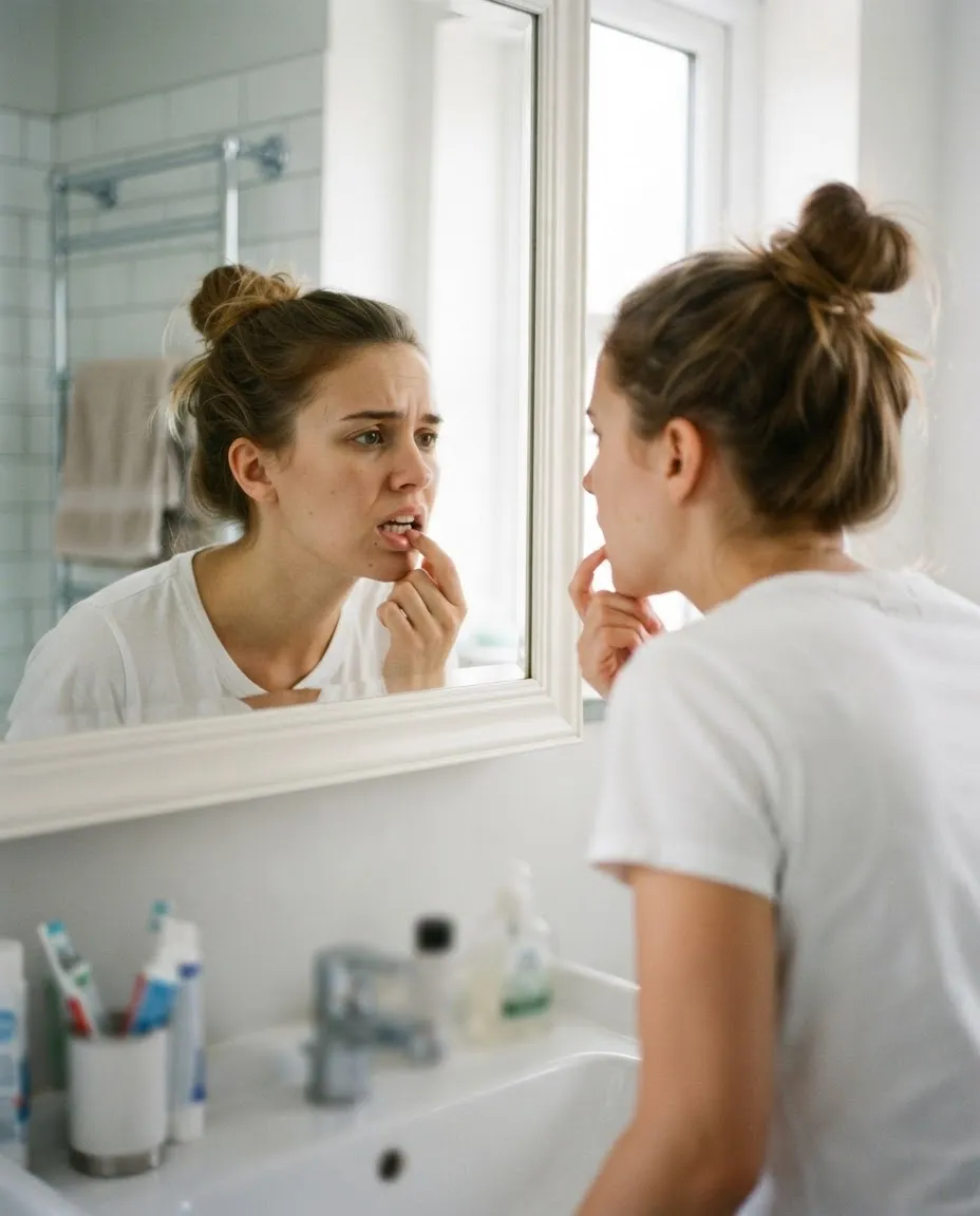 Woman checking a chipped front tooth in the mirror, a candidate for dental bonding in Grande Prairie