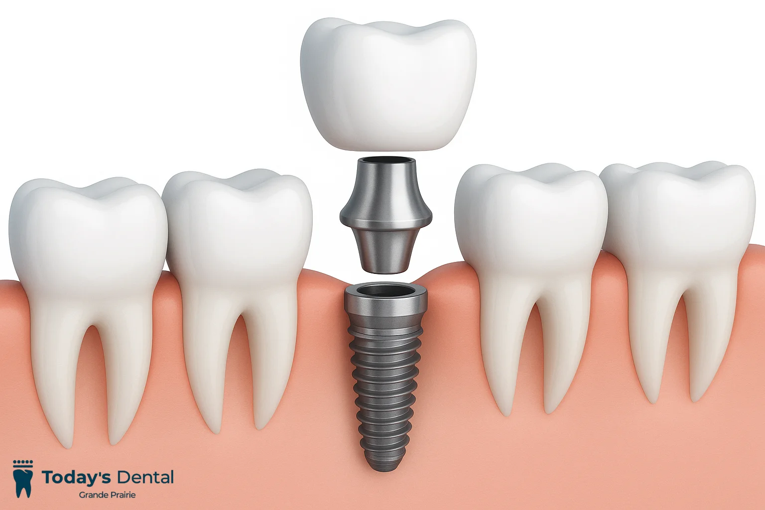 A diagram shows a dental implant being placed in the gum at a dental Grande Prairie clinic, with a screw, abutment, and crown situated between natural teeth.