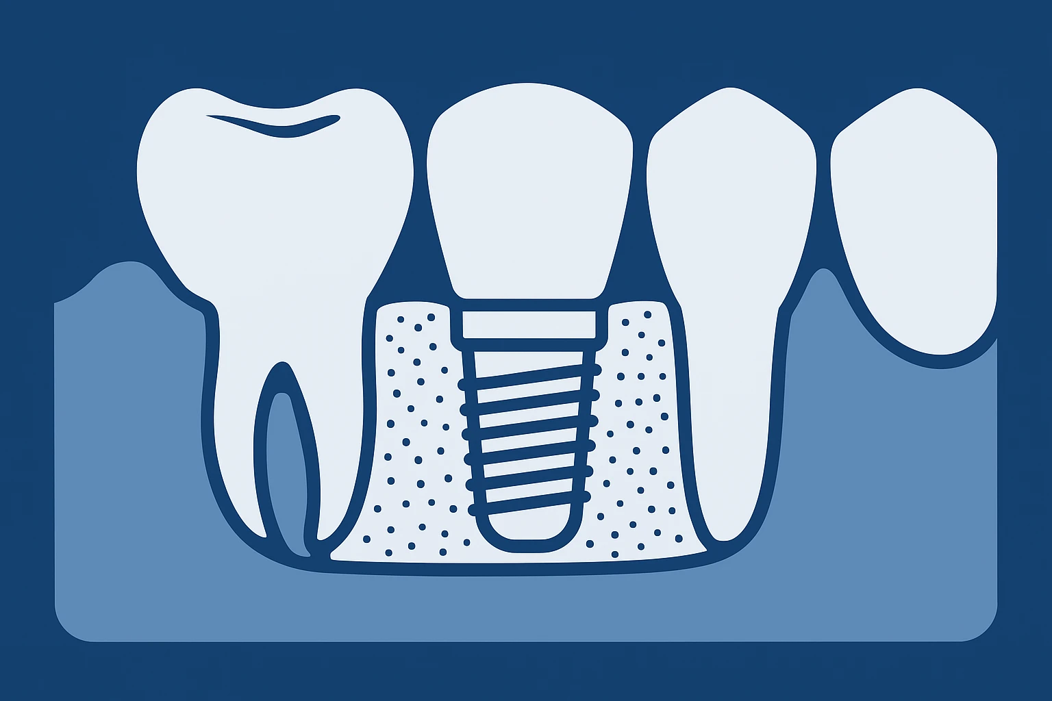 DentalImplantsLongevity Diagram showing a dental implant inserted into the jawbone between two natural teeth, illustrating its structure and placement as performed at dental Grande Prairie.