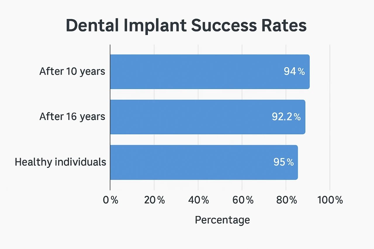 Bar chart showing dental implant success rates: 94% after 10 years, 92.2% after 16 years, and 95% for healthy individuals.