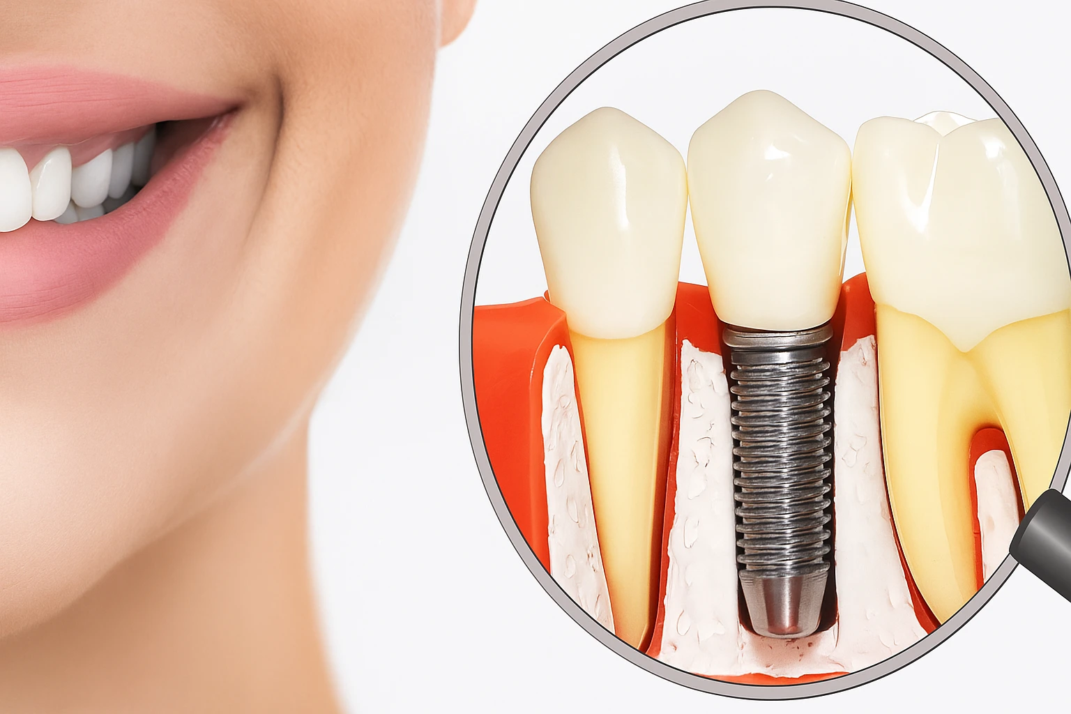Close-up of a woman's smile next to a magnified illustration showing a dental implant inserted into the jawbone between two natural teeth.