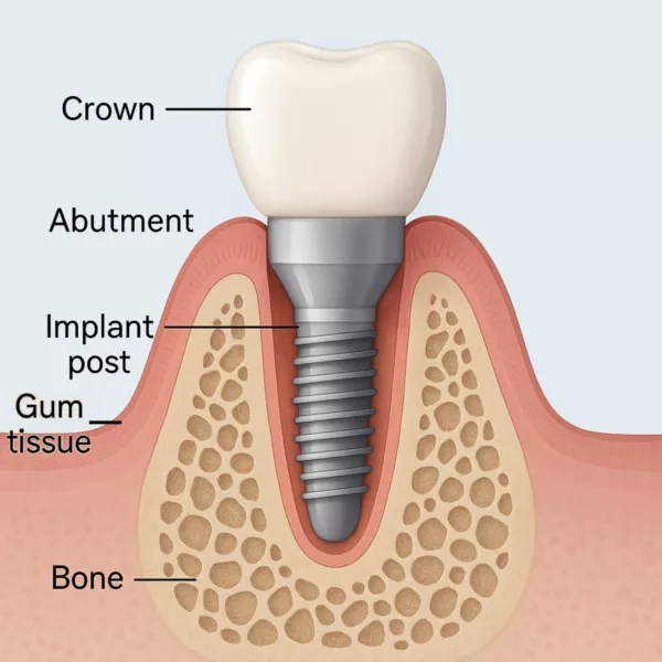 Cross-section diagram of a dental implant in the jaw, labeled with crown, abutment, implant post, gum tissue, and bone.