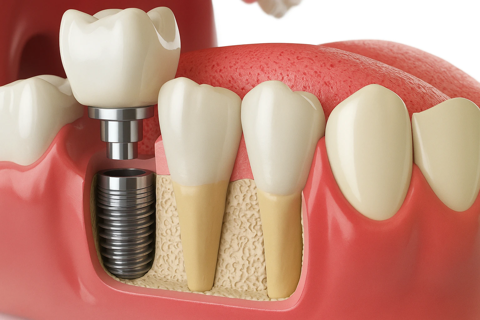 dentalimplantosteo A cross-section model of a dental implant with an artificial crown, abutment, and screw next to natural teeth and gum tissue.