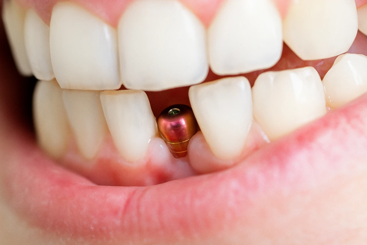 Close-up of a person's mouth showing teeth and a dental implant with a visible metal post in place of a missing tooth.