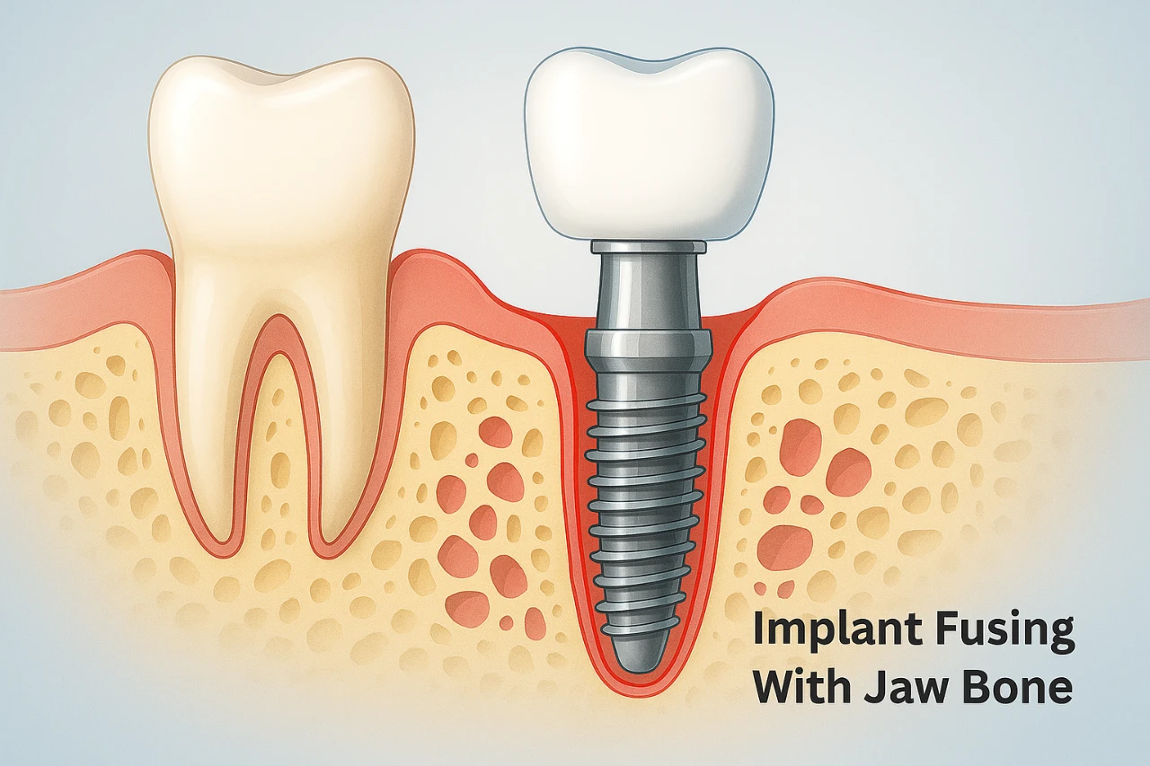 Illustration showing a natural tooth and a dental implant anchored in the jawbone, with the caption "Implant Fusing With Jaw Bone.